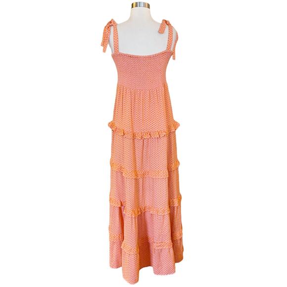 CECILIE COPENHAGEN Mina Dress Long Tiered Maxi Embroidered Tangerine Large NWT - Picture 9 of 10